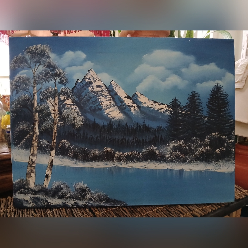 Signed Oil Painting Blue Mountains Water Landscape 18" x 24"